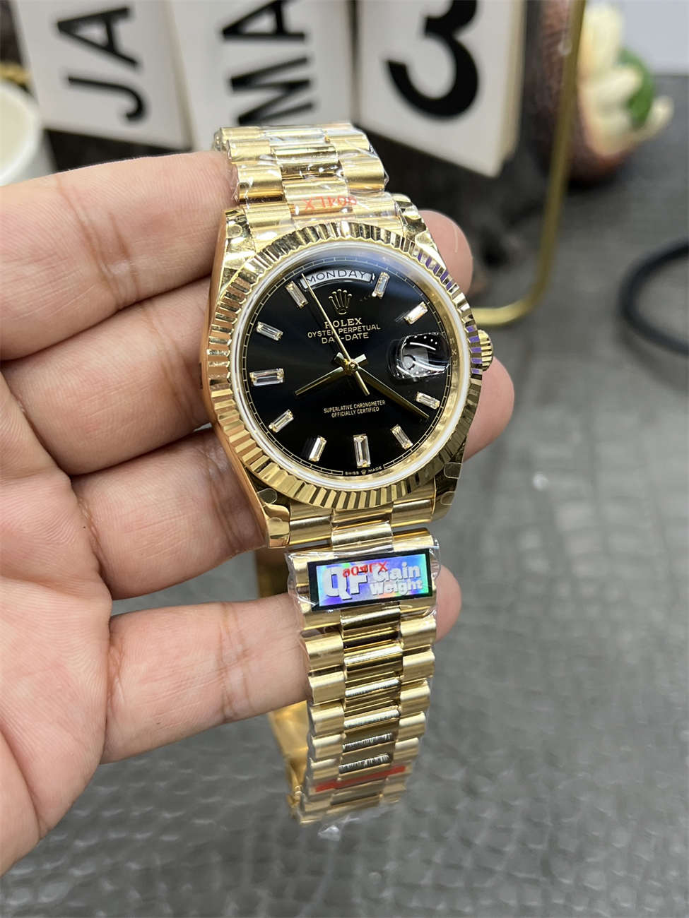Rolex Day‐Date QF Factory 184g Replica – Black Dial, Full-Weight