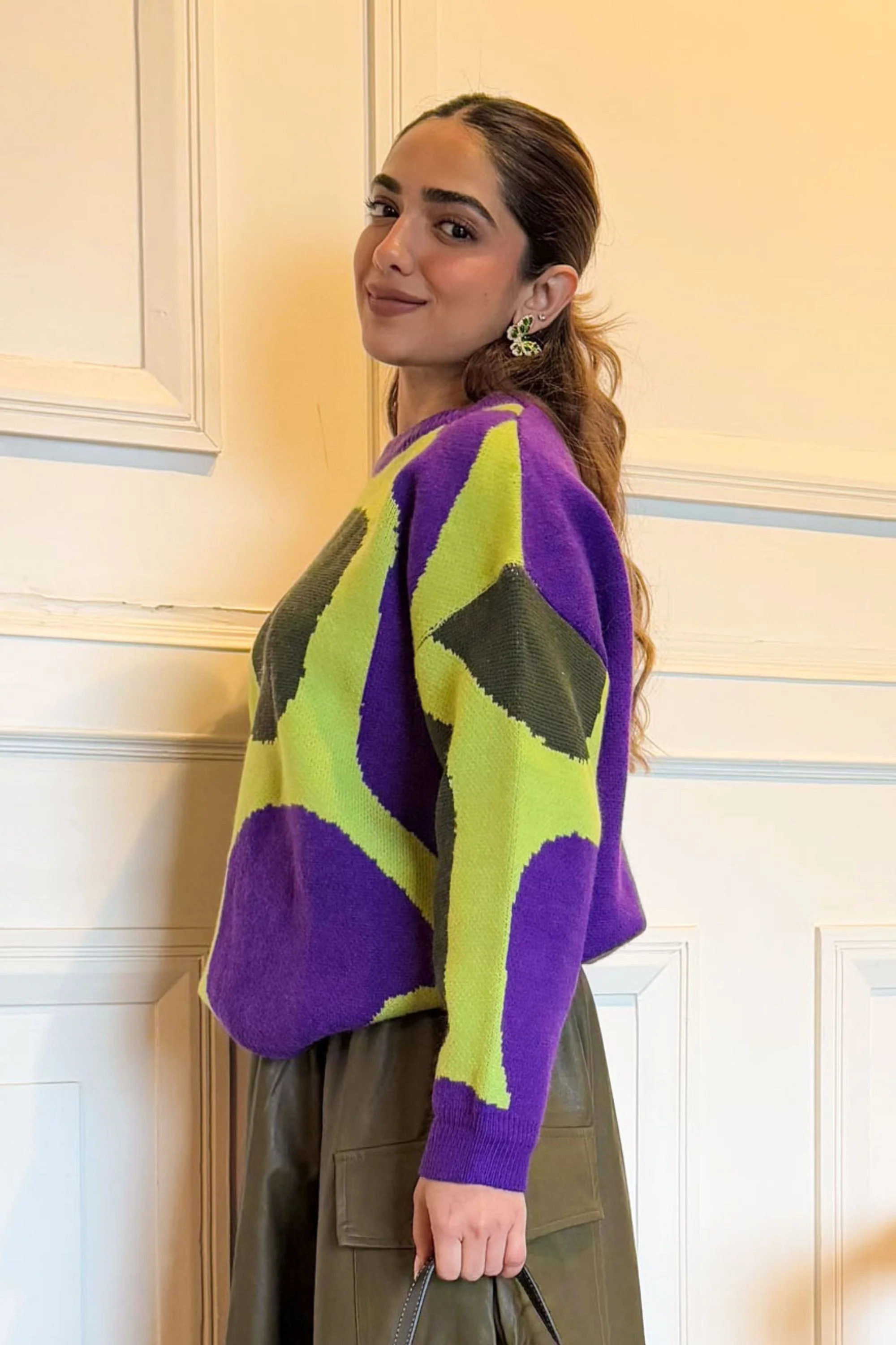 Mosaic Purple Round Knit Sweater
