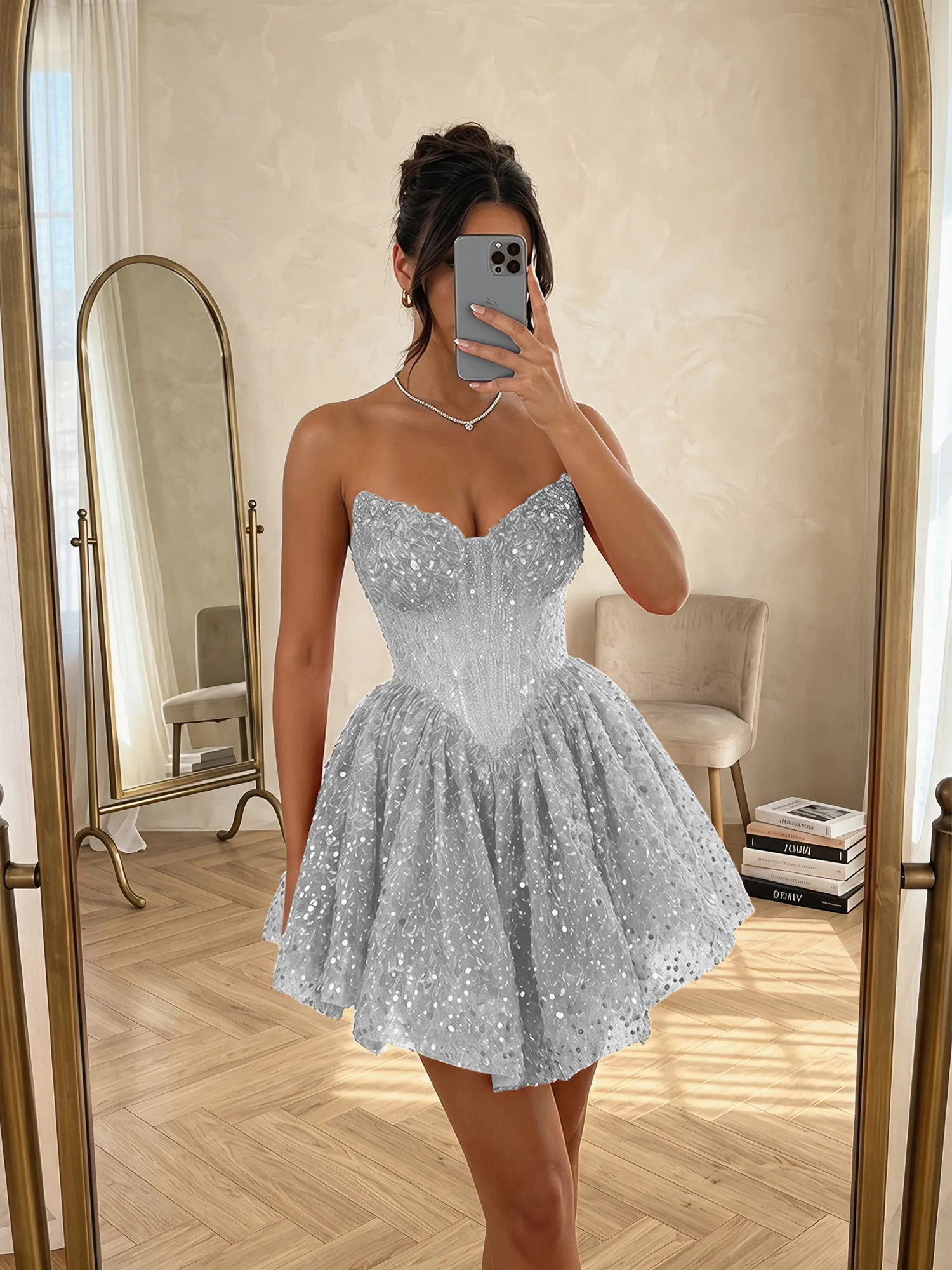 Sequin Strapless Sweetheart Mini Homecoming Dress with Ruffled Skirt