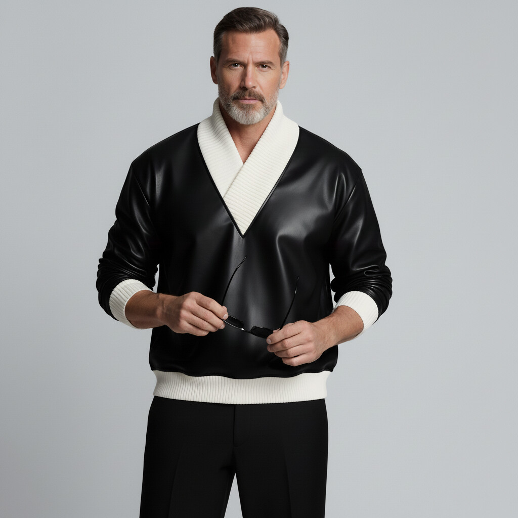 Men's Black Contrast Knit Shawl Collar Long Sleeve PU Leather Sweatshirt