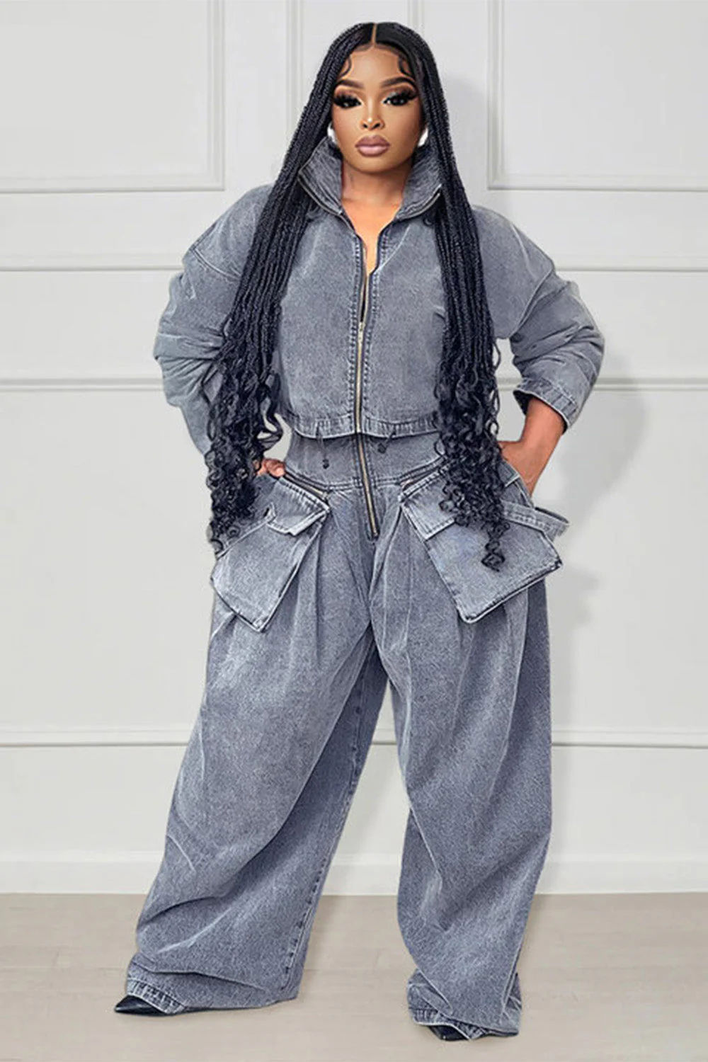 Denim Zip Long Sleeve Crop Jacket Pockets Wide Leg Pants Matching Set-Gray