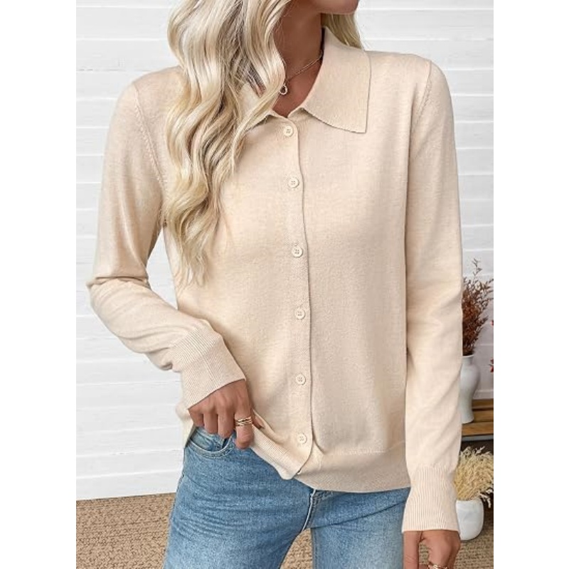 Women Lightweight Collared Button‑Down Knit Cardigan Long Sleeve Lapel Collar Casual Knit Outerwear Fall Fashion Outfits