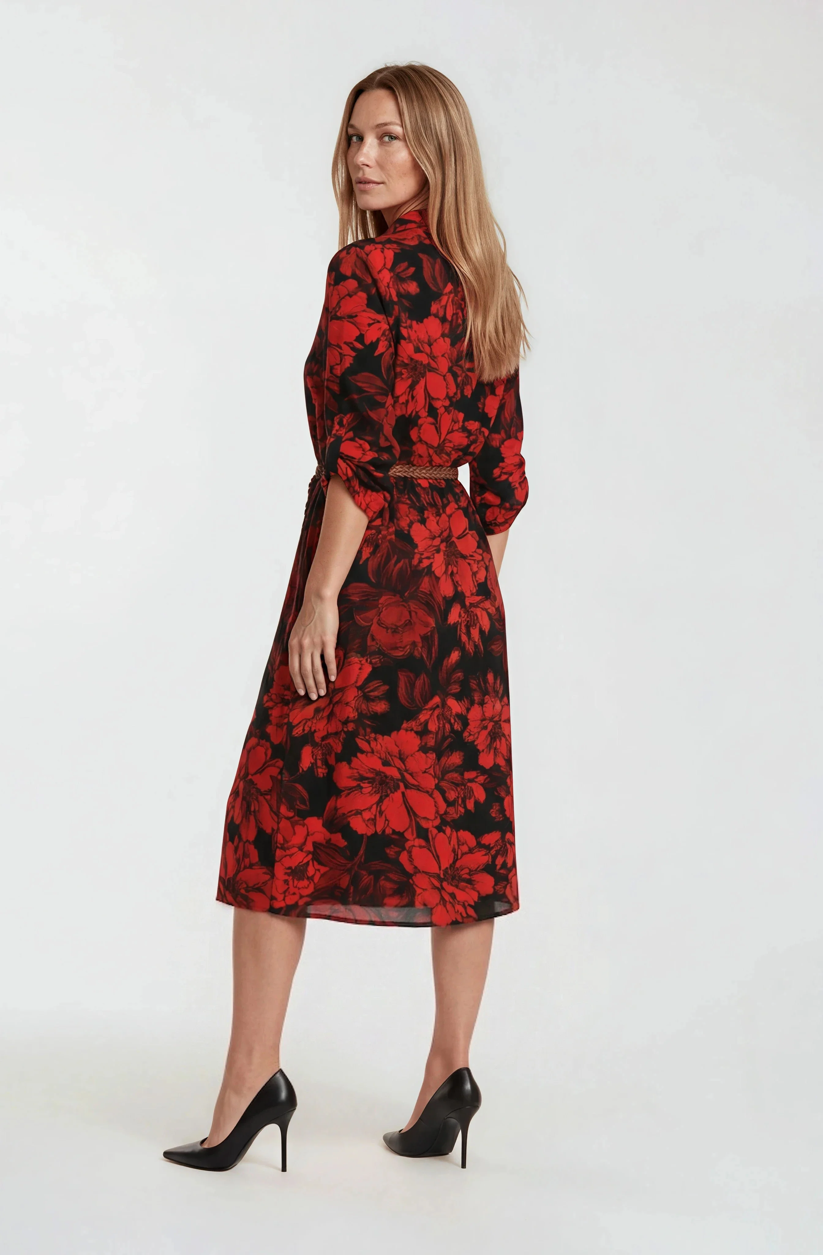 Belted Midi Dress - Red