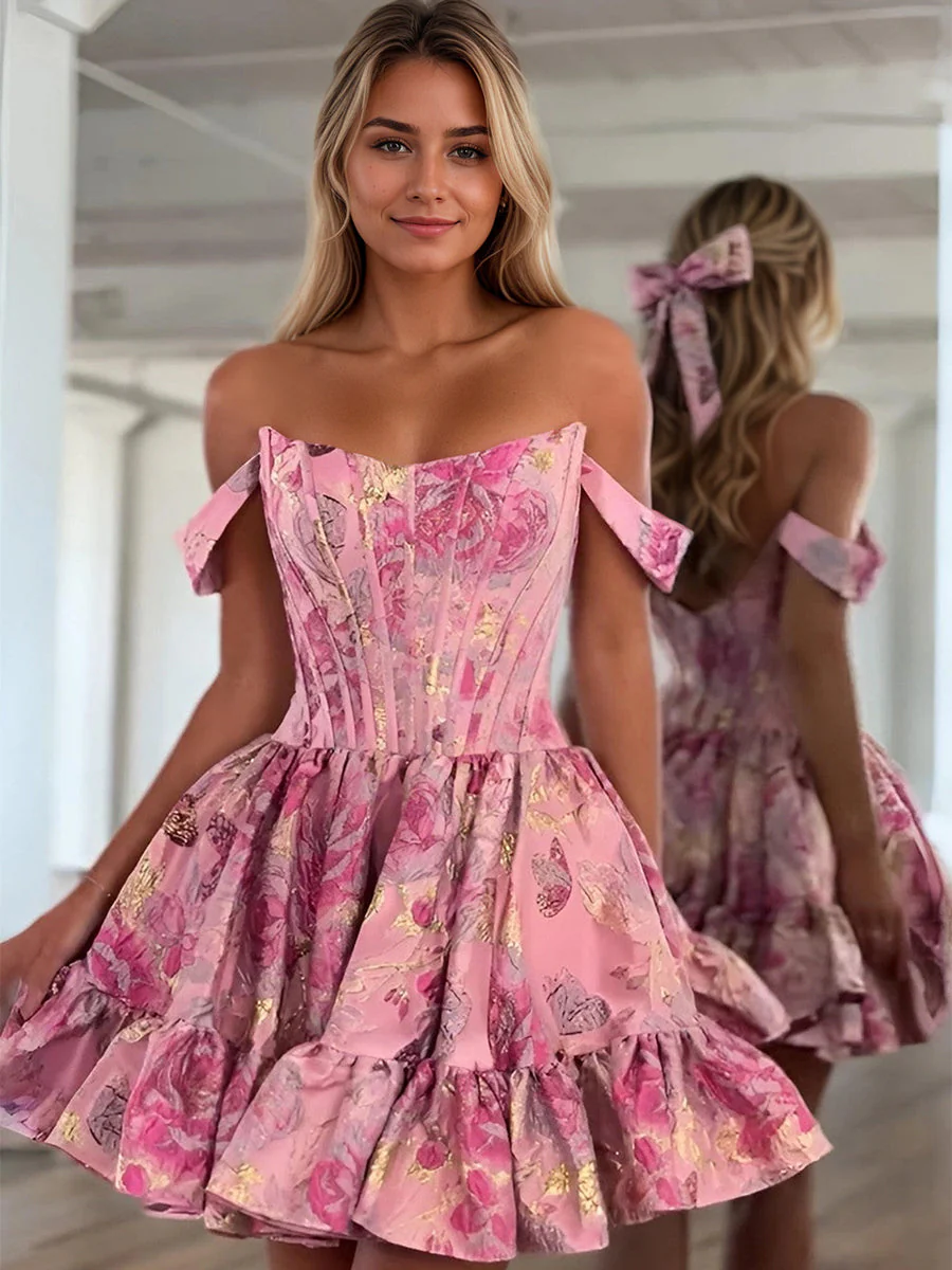 Floral Off-Shoulder Brocade Homecoming Dress with Ruffles