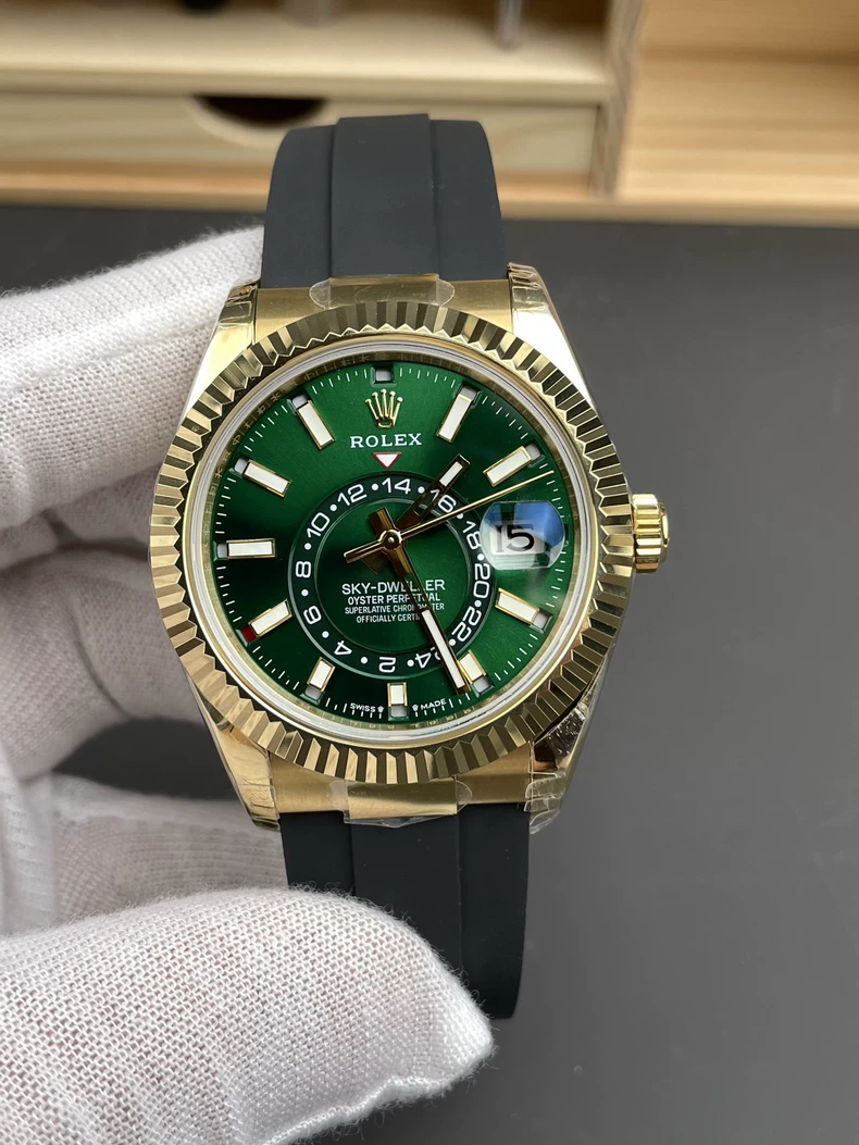 Rolex  Sky-Dweller 42mm 336238-0004 Yellow Gold Bright Green Dial Oysterflex