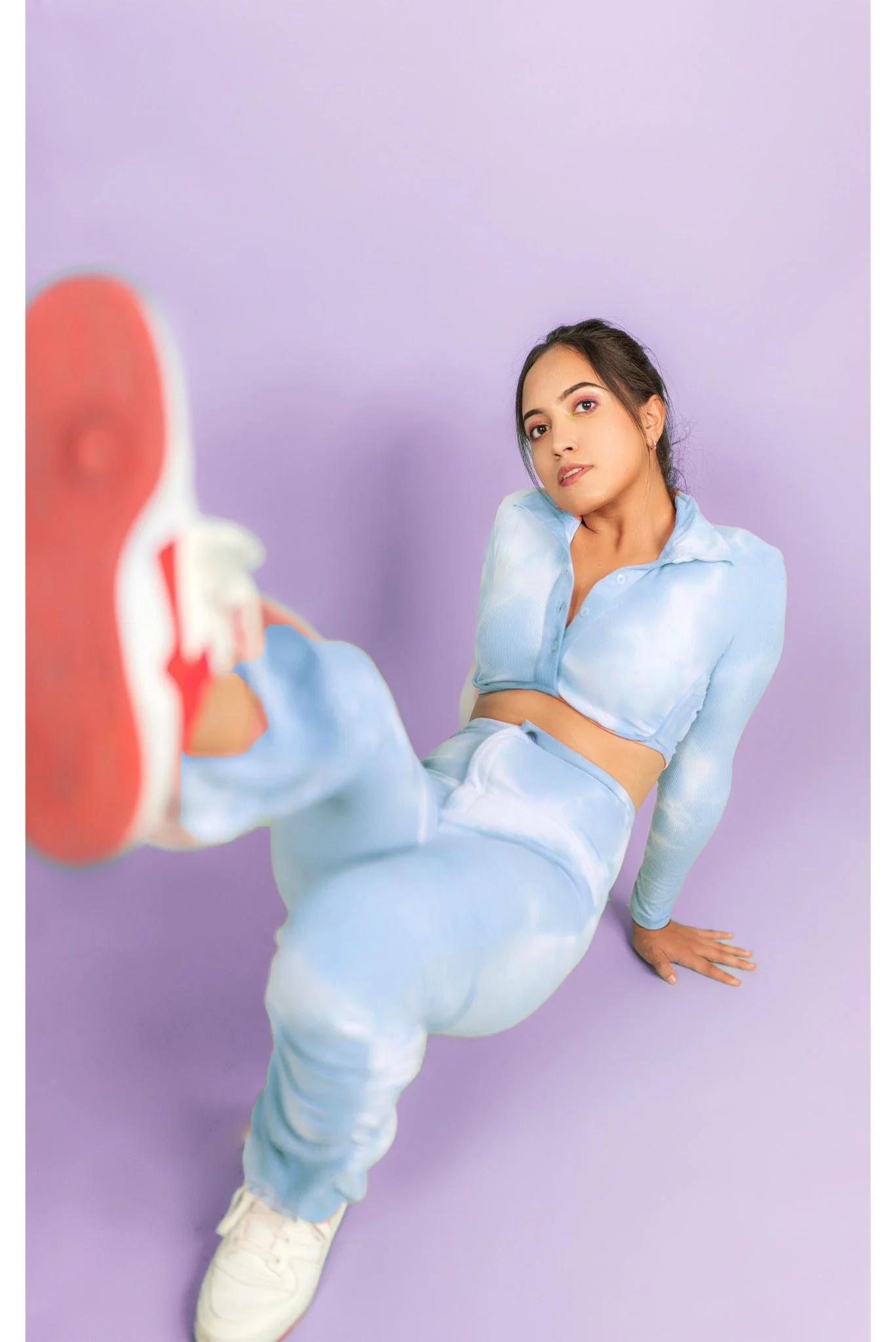 Blue Tie-Dye Half Placket Top with Gathered Hem Pants Coord Set