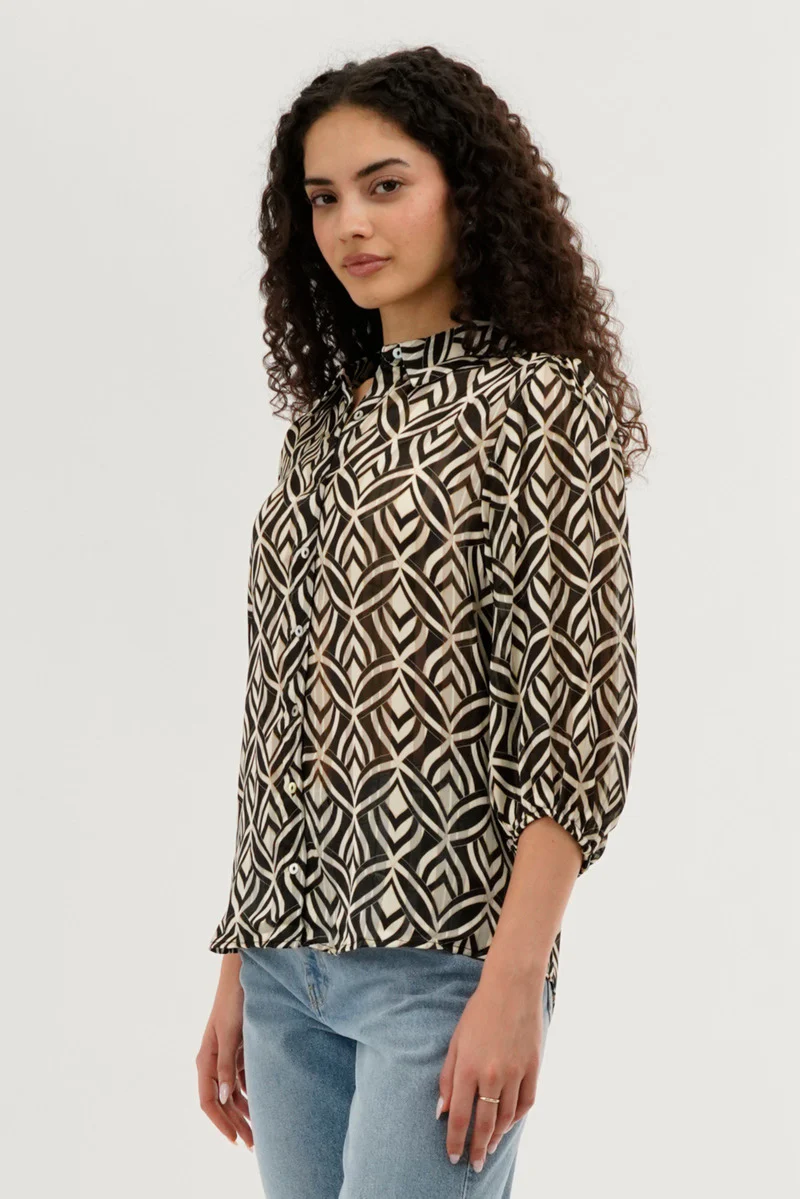 Patterned Sheer Button Down Blouse - Cream
