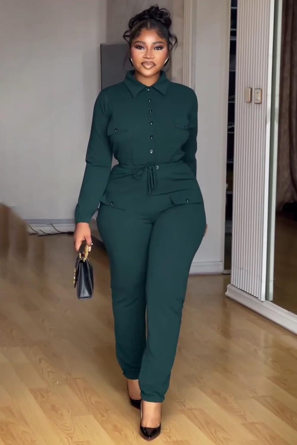 Button Up Long Sleeve Blouse Tight Fit Pants 2pcs Set-Green