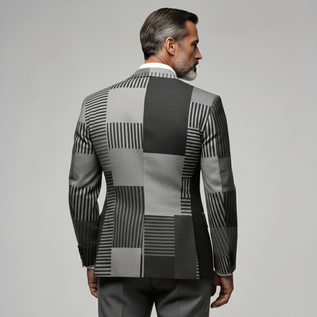 [Pre-Order] Men's Gray Striped Colorblock Notched Lapel Chest Pocket Single Breasted Long Sleeve Blazers