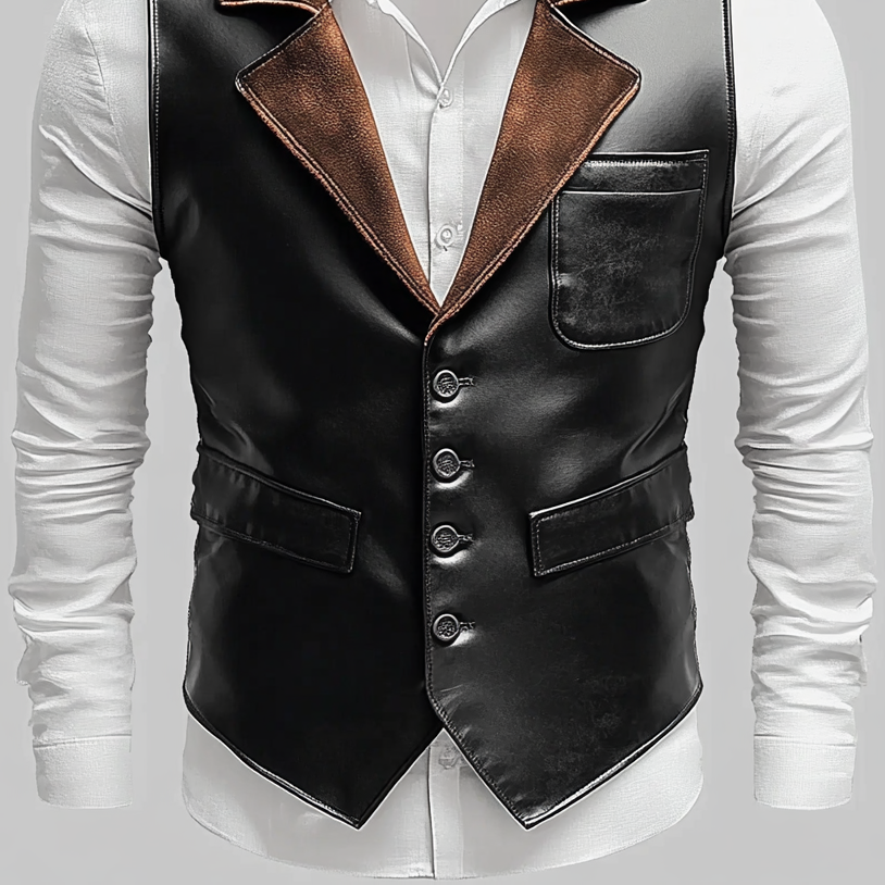 Men's PU Leather Contrast Notch Lapel Single Breasted Chest Pocket Vest
