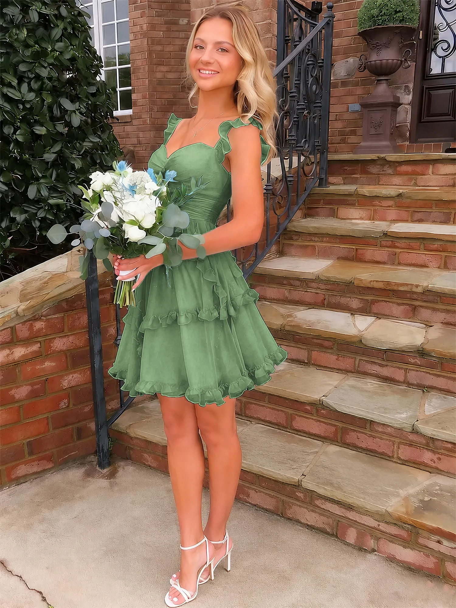 Sweetheart Ruffle Strap Tiered Chiffon Mini Homecoming Dress