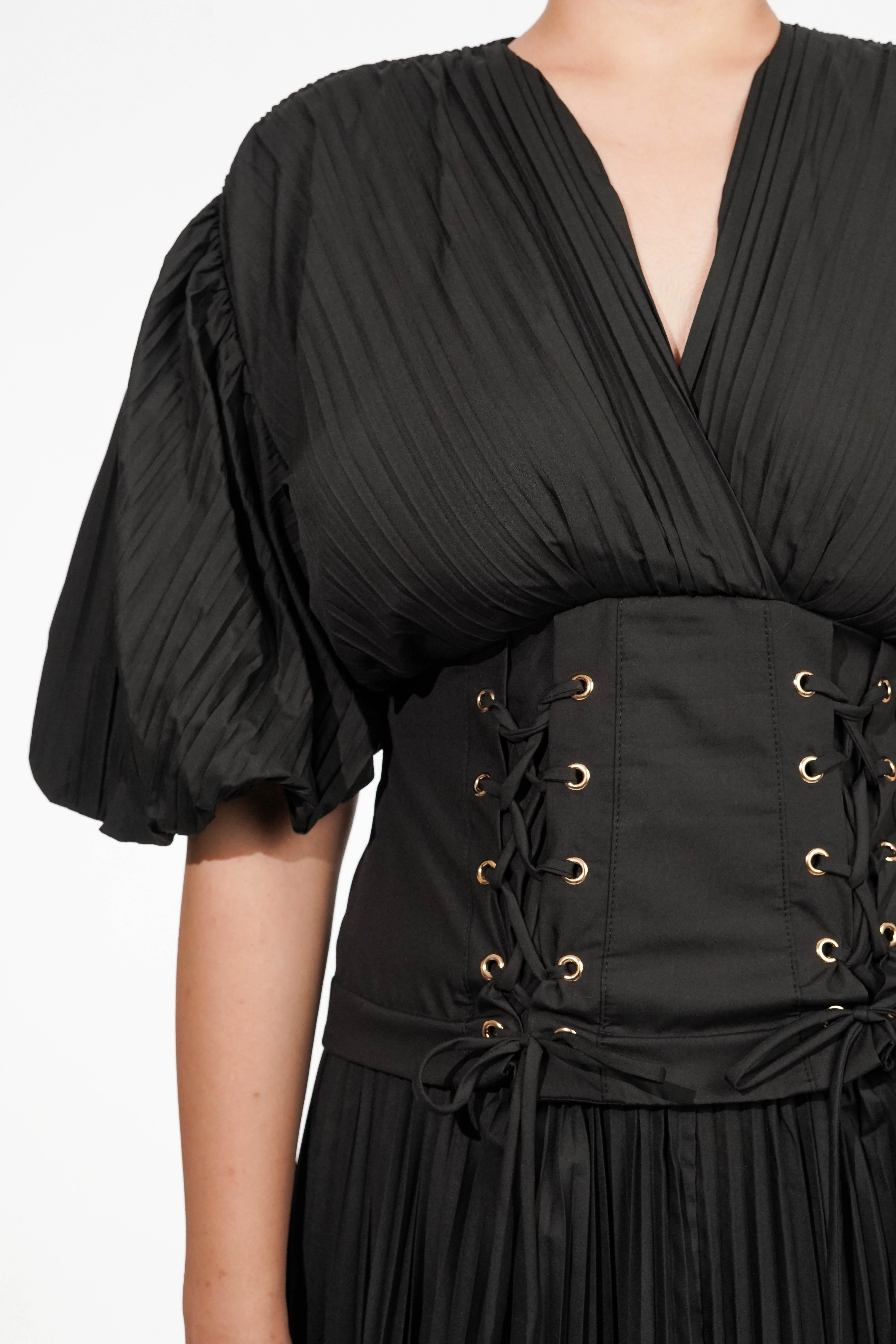 Black Pleated Tie-up Dress