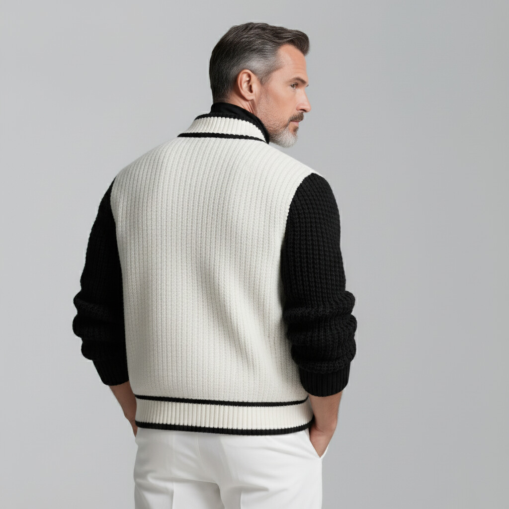 Men's Black And White Contrast Ribbed Knit Stand Collar Long Sleeve Zipper Sweater Cardigans