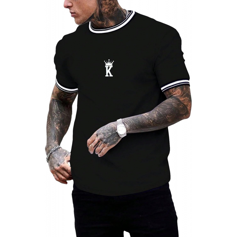 Men's Crown Letter Print Striped Trim Tee