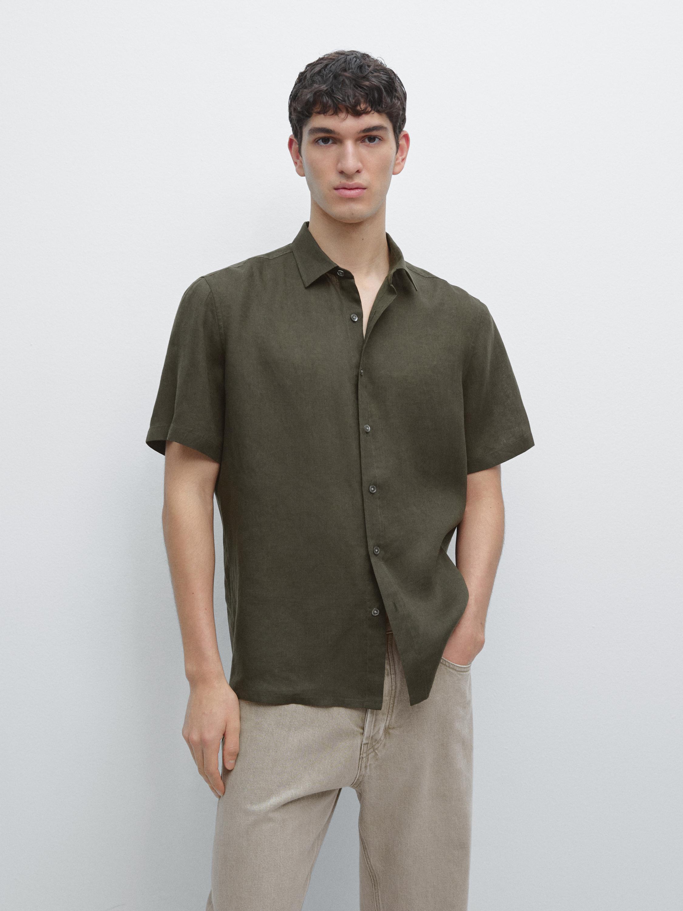 Camisa regular fit manga corta lino