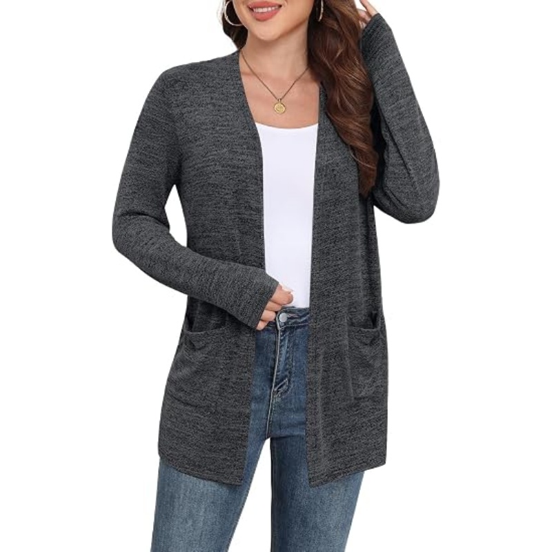 Women Lightweight Open Front Cardigan Long Sleeve Thumb‑Hole Cuffs Mid‑Length Casual Sweater Cardigan with Side Pockets S‑L