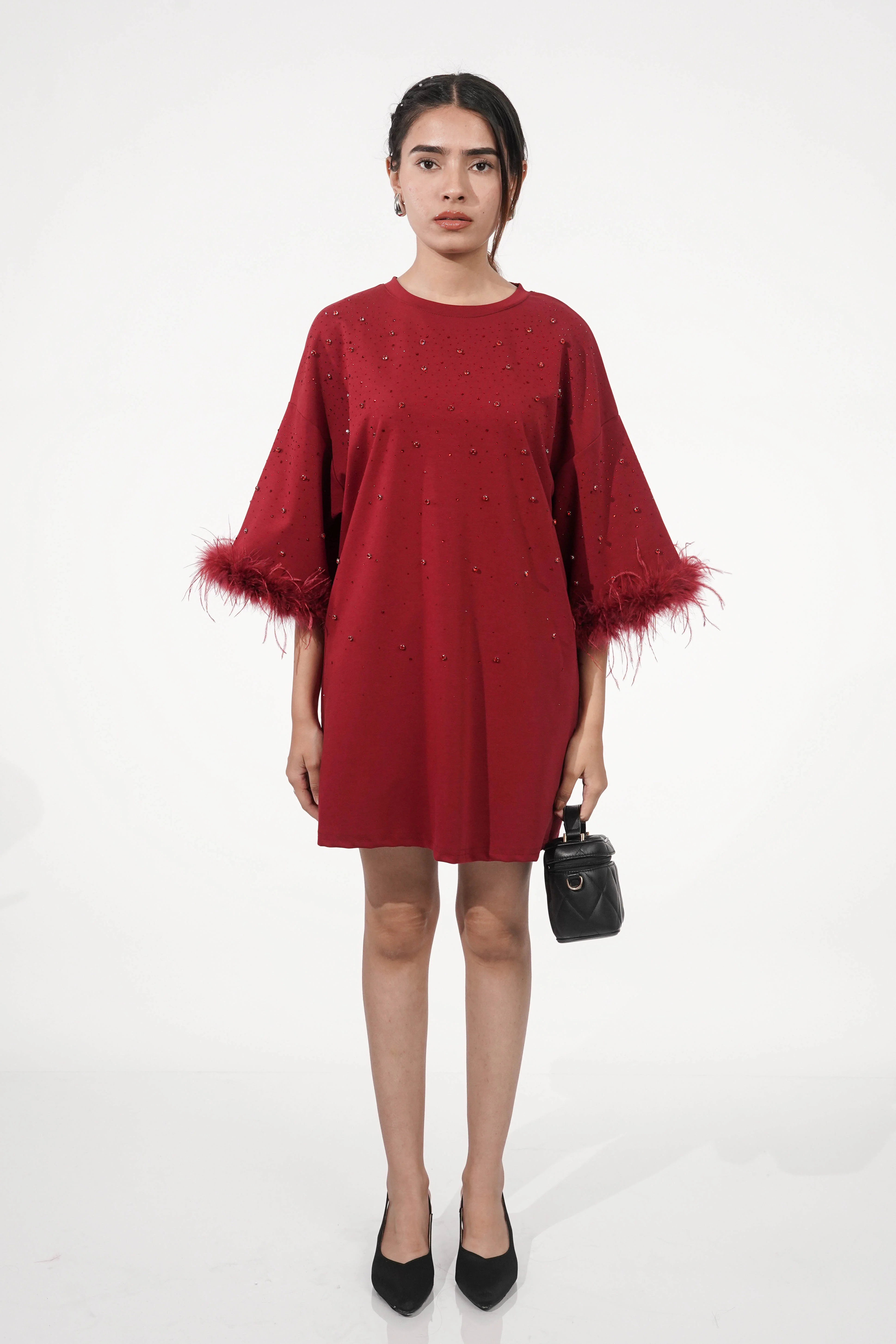 Amy Dark Red Feather Detail T-shirt