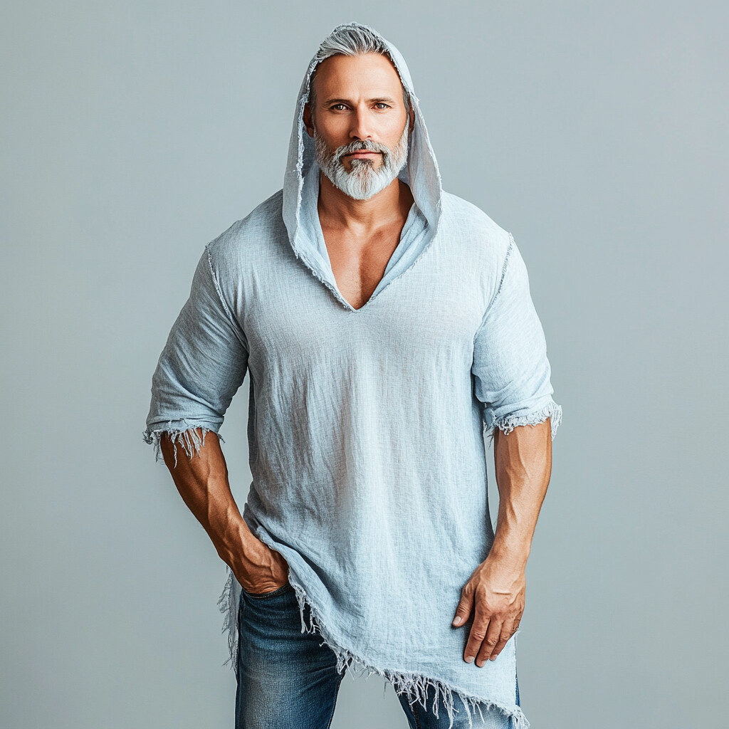 Men's Raw Edge 3/4 Sleeve Irregular Hem Hooded Shirt