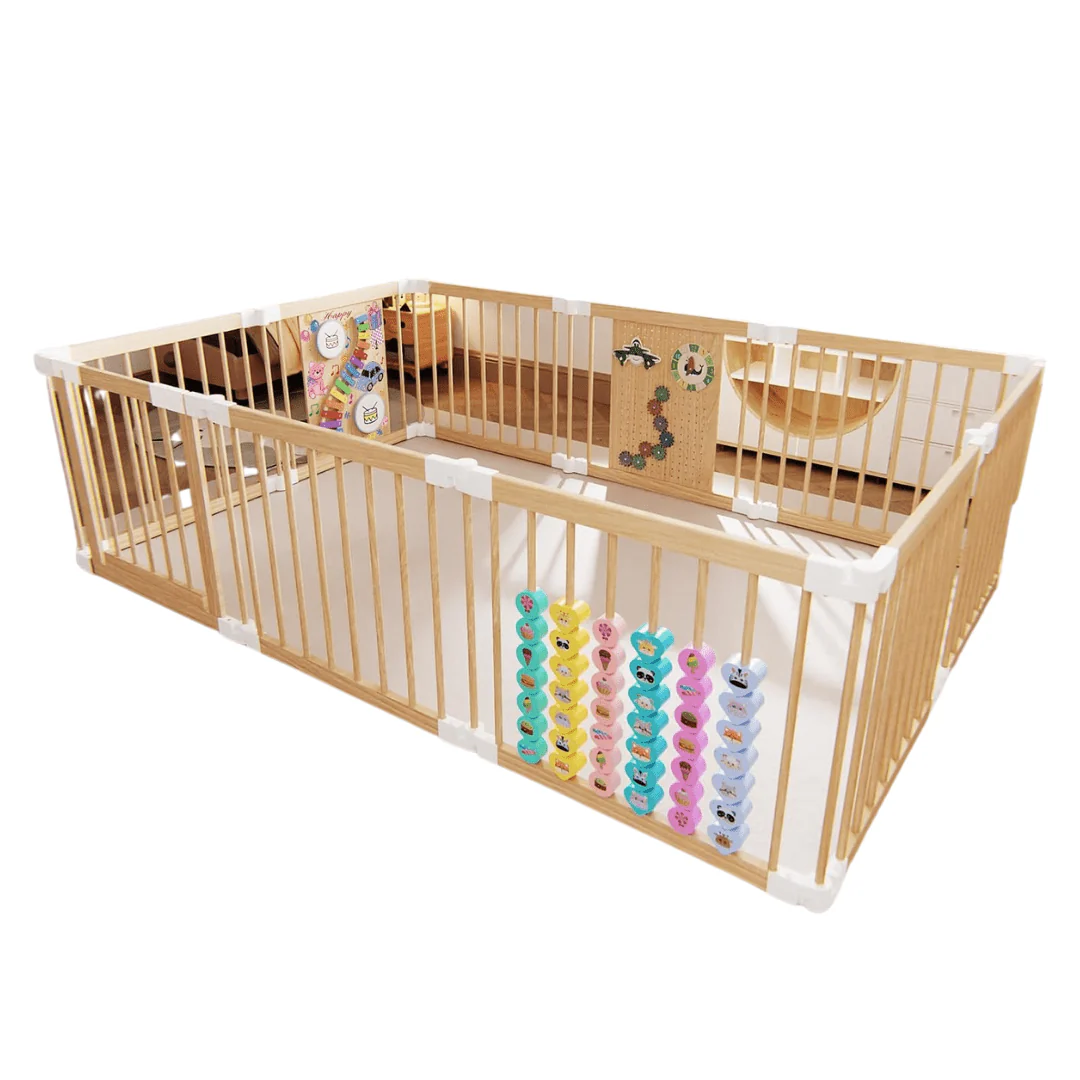 Foldable Wood Baby Playpen with Music Panel, Abacus, Lockable Joints