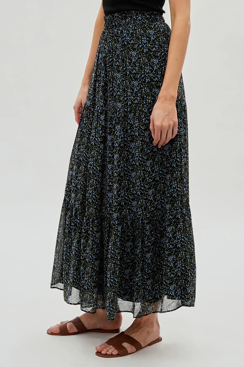 Floral Tiered Chiffon Maxi Skirt - Black