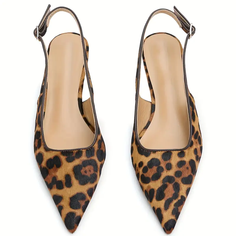 Leopard Print Slingback Kitten Heels – Pointed Toe Low Block Heel Pumps with Adjustable Buckle Strap