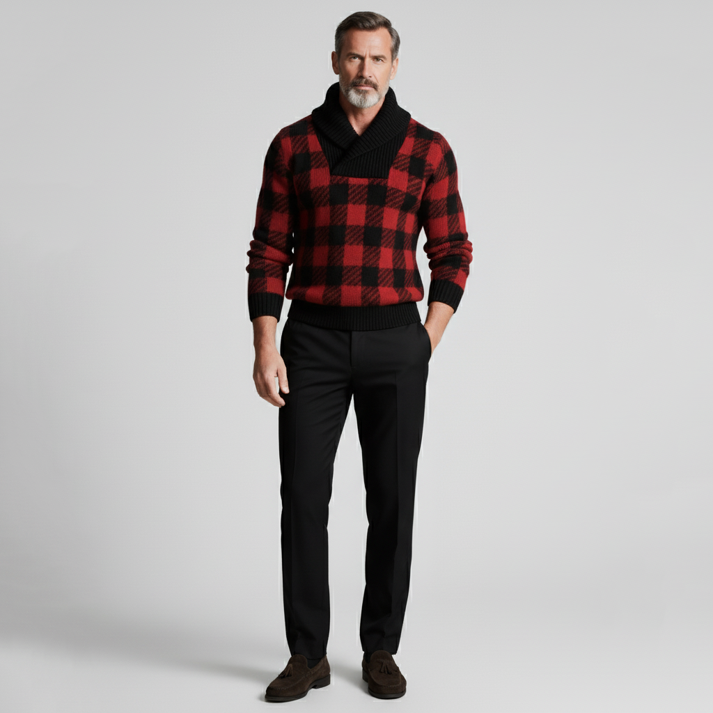 Men's Red Plaid Print Shawl Collar Long Sleeve Knit Sweater