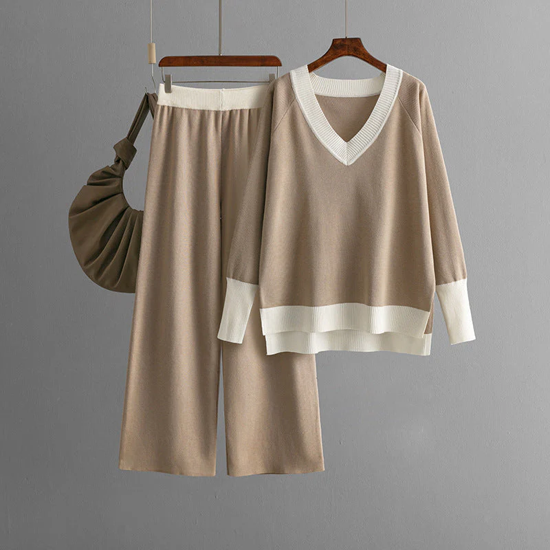 Casual V-Neck Contrast Top & Wide-Leg Pants Two-Piece Set
