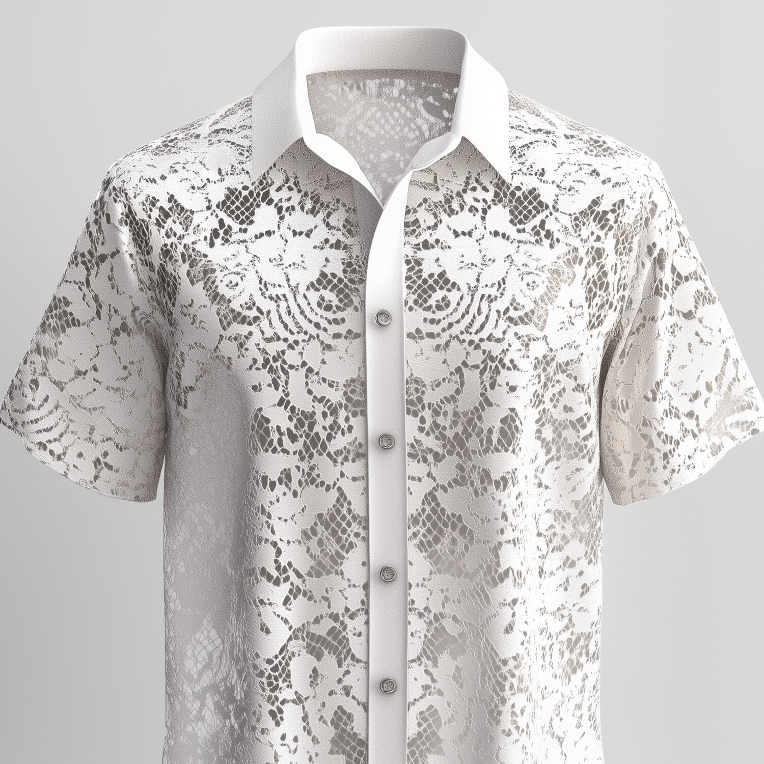 Men's Lace Hollow Out Turndown Collar Button Short Sleeve Shirt