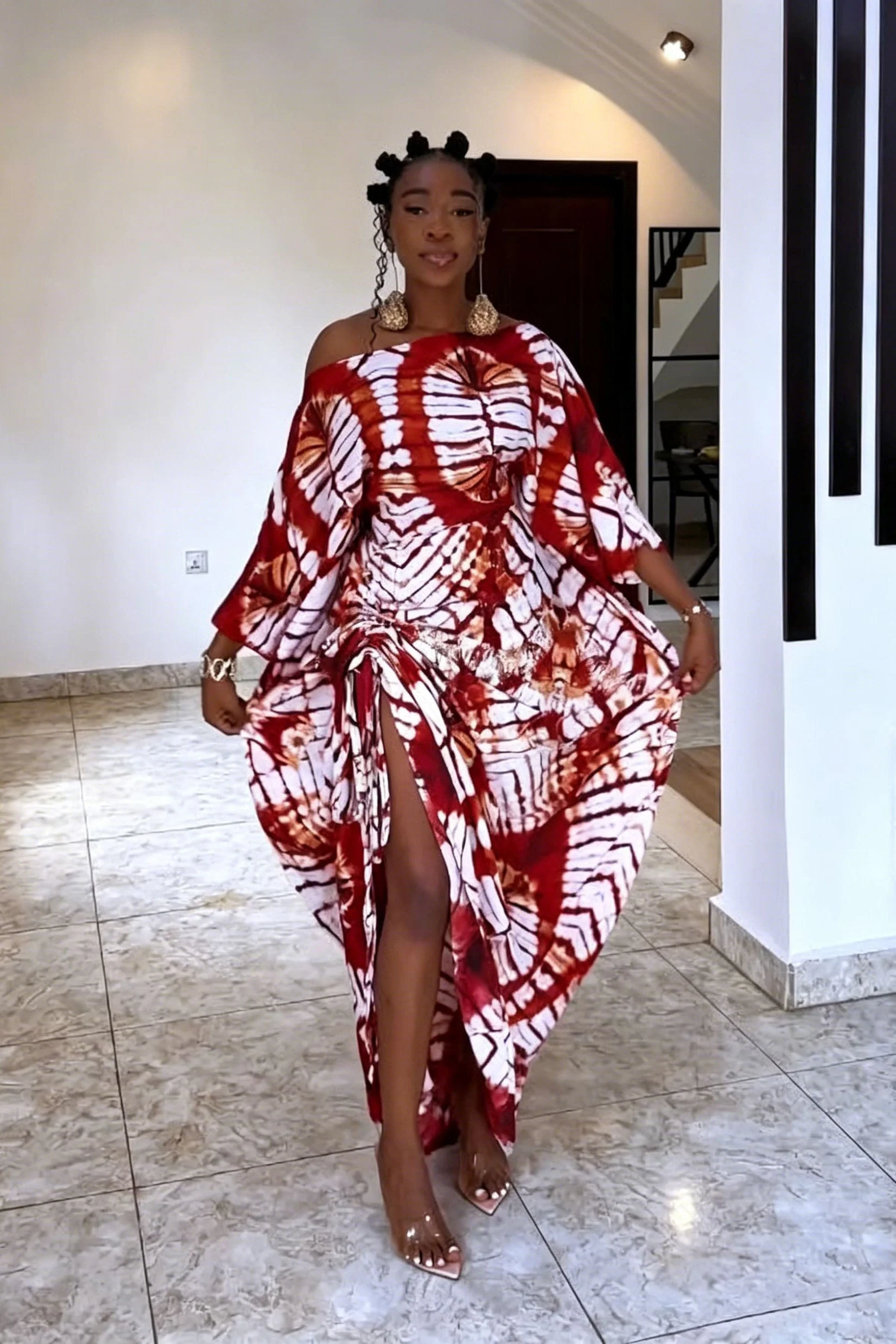 Radial Pattern Off-Shoulder Maxi Dress