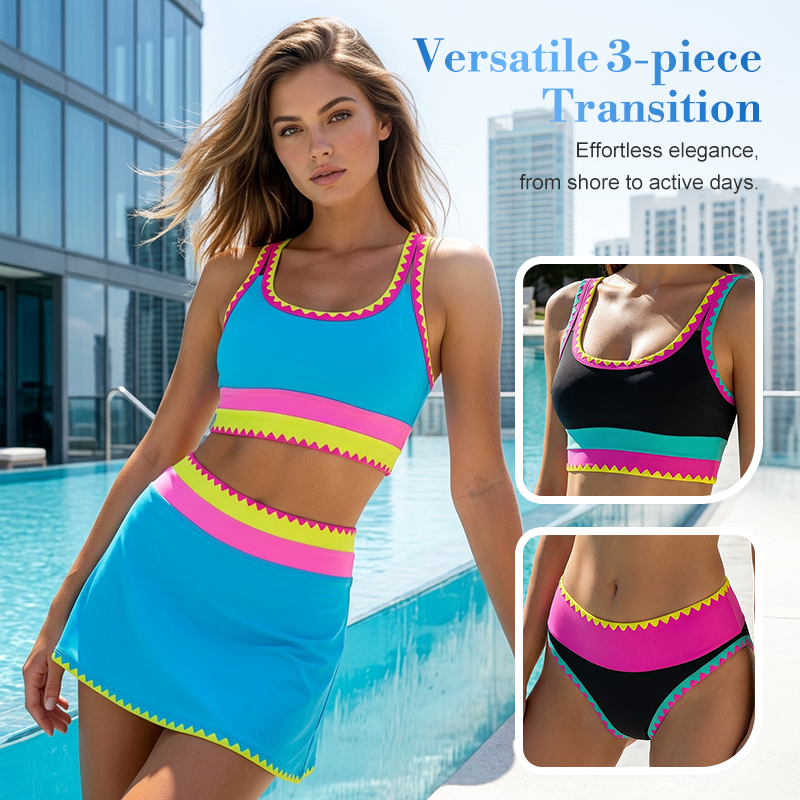 🌼Color Block Patchwork Nylon Sporty 3-Piece Bikini Set - High Waisted & Tummy Control Swimsuit👙🌈