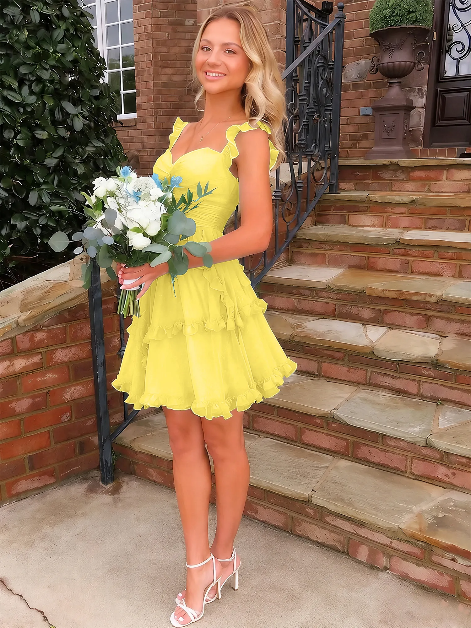 Sweetheart Ruffle Strap Tiered Chiffon Mini Homecoming Dress