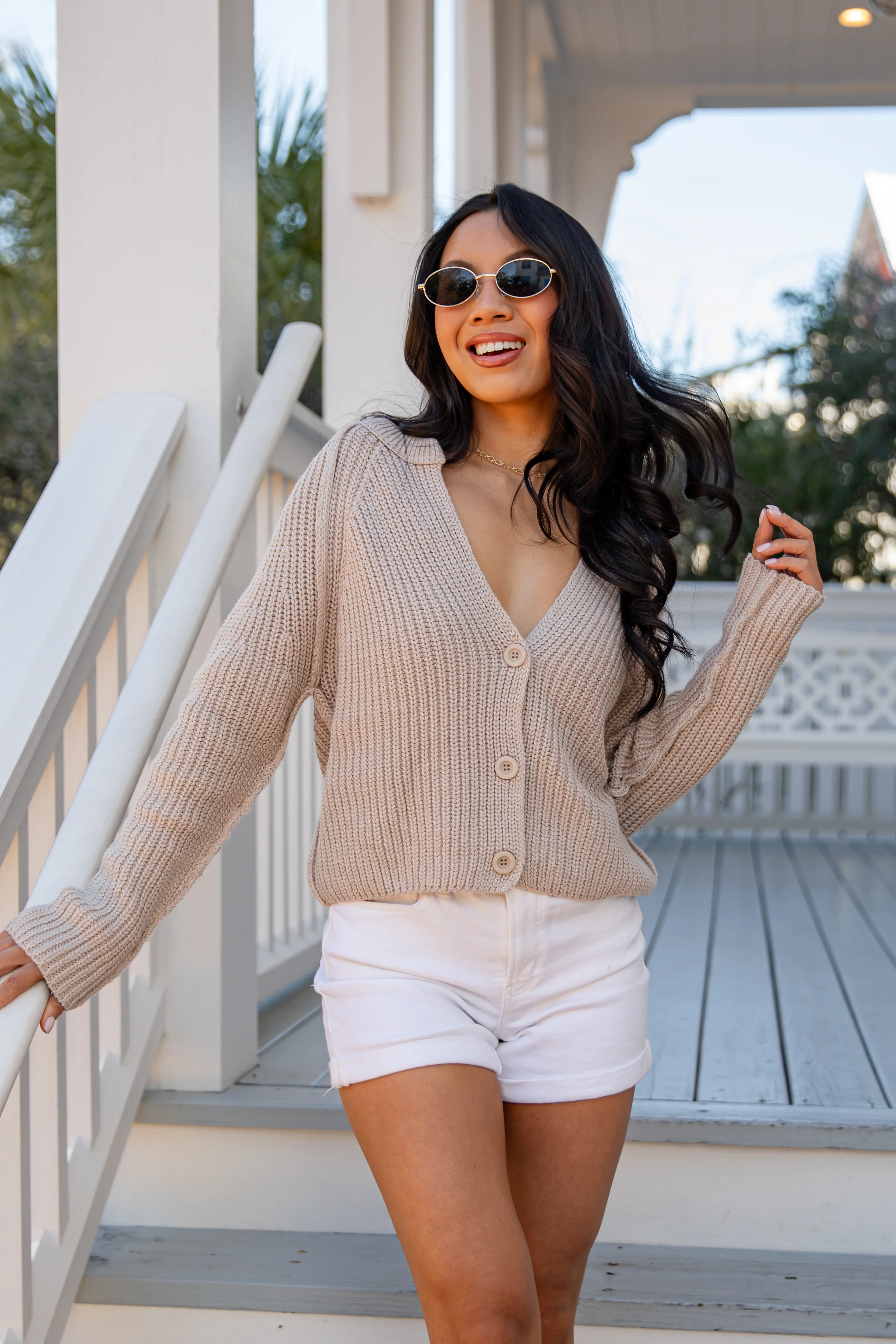 Latte Foam Button-Front Taupe Sweater