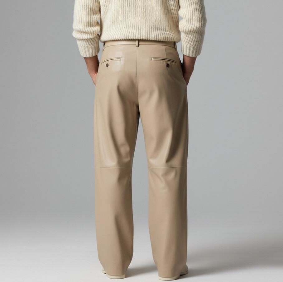 Men's Casual Beige PU Leather Slant Pocket Pleated Wide Leg Pants