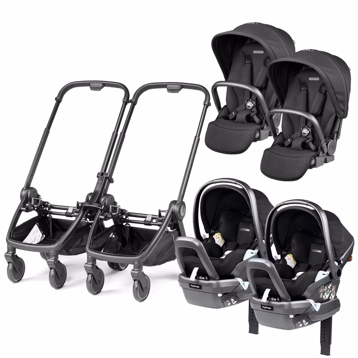 PEG City Loop Twin Stroller + Primo Viaggio Lounge Travel System Bundle - Black / True Black / True Black