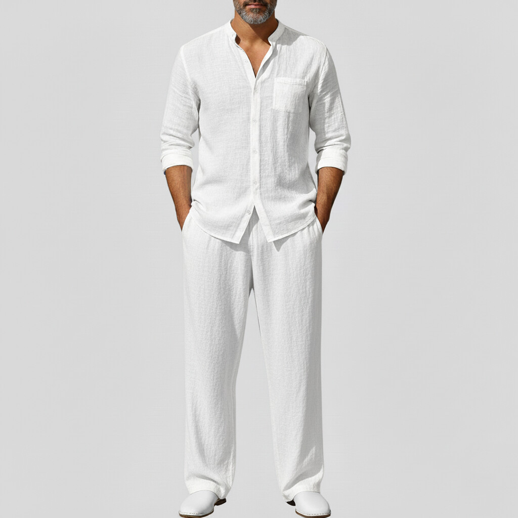 Men's Casual Solid Stand Collar Long Sleeve Shirt & Wide Leg Pants 2Pcs Set