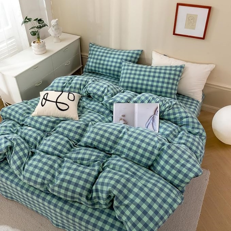 Green Gingham Grid Duvet Cover Queen
