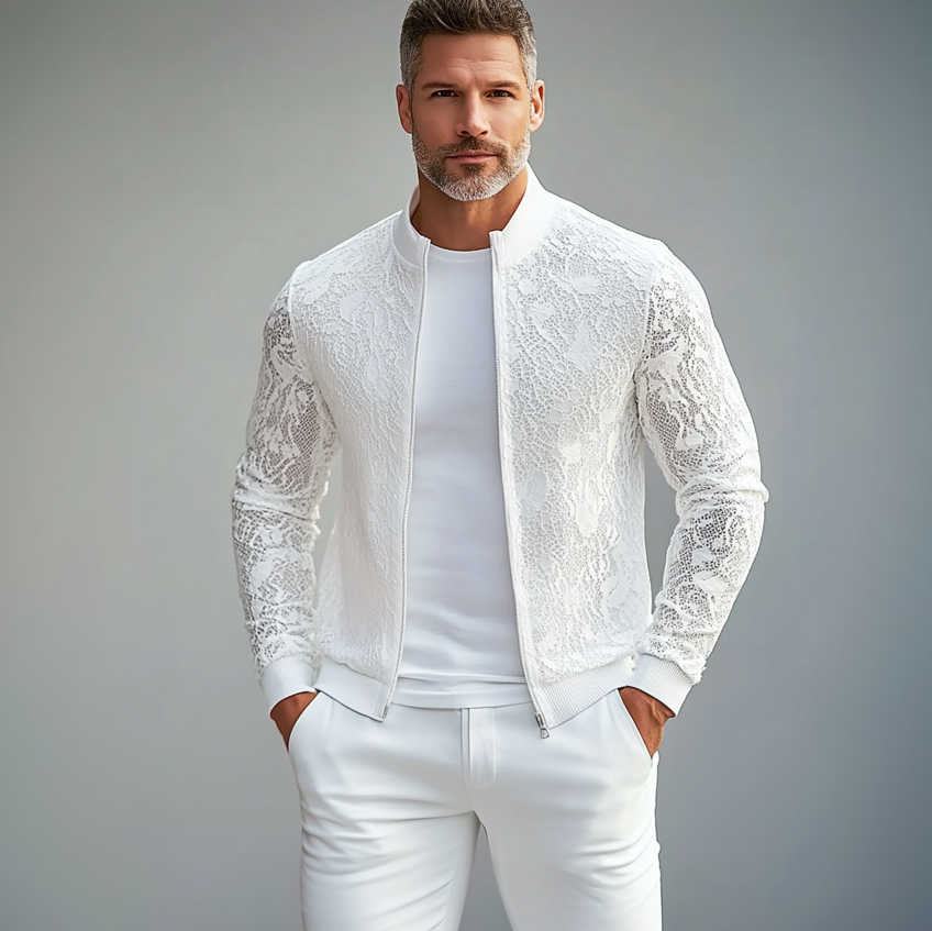 Men's Lace See-Through Stand Collar Zip Up Long Sleeve Jacket