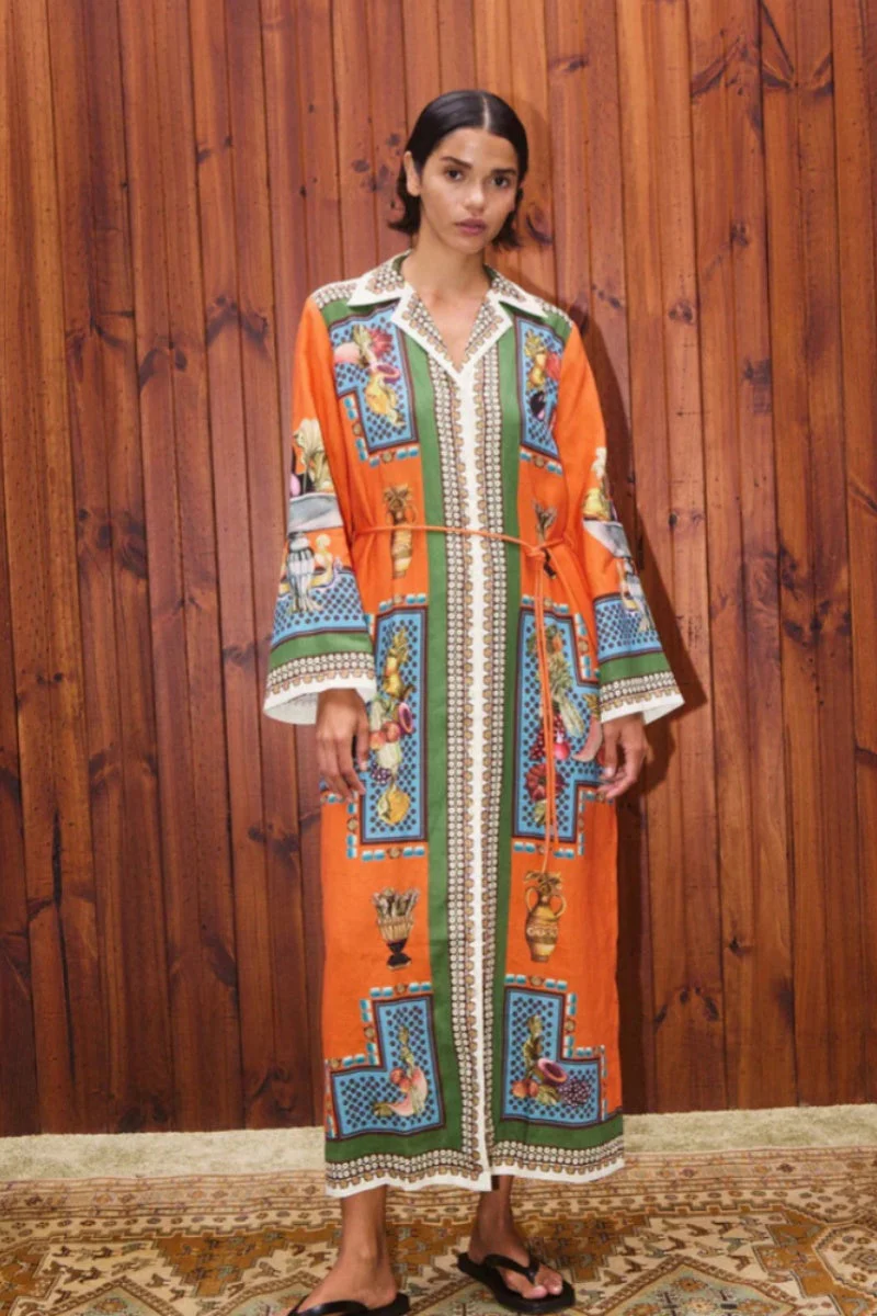 Long-Sleeve Linen Waist Dress