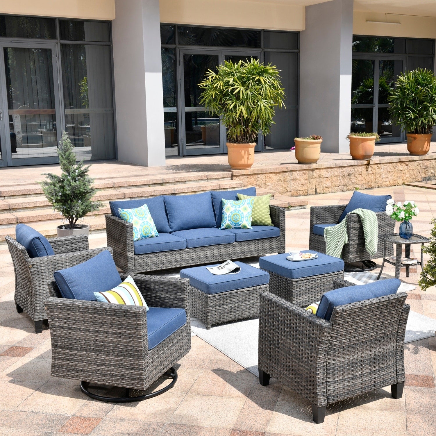 OVIOS 8-piece Patio Wicker Conversation Furniture Set with Swivel Chairs