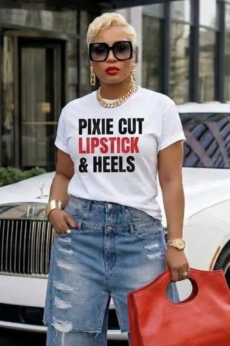 Pixie Cut, Lipsitck, & Heels Tshirt (White)