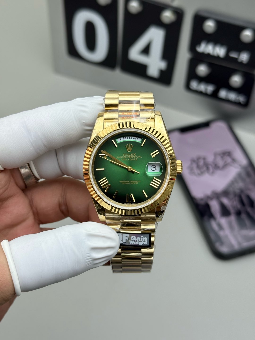 Rolex Day Date Green QF Factory 184g Replica – Full-Weight Black/Green Dial