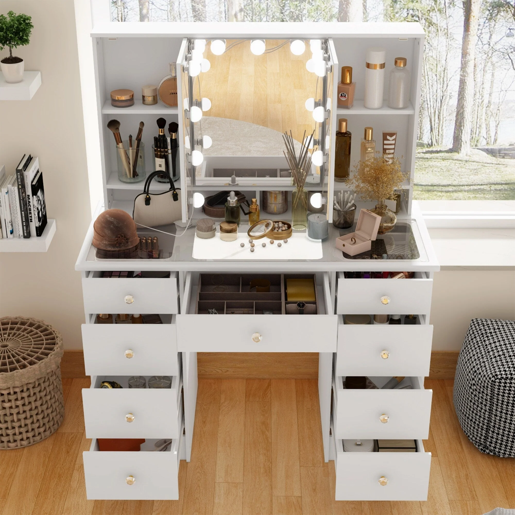 Makeup Vanity with Tri-Fold Mirror, Certified Lighting & Glass Top Dresser
