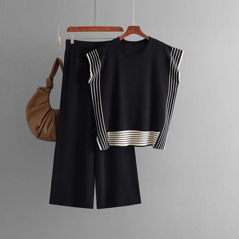 Stylish Striped Patchwork Solid Color Sleeveless Top & High Waist Pants Two-Piece Set