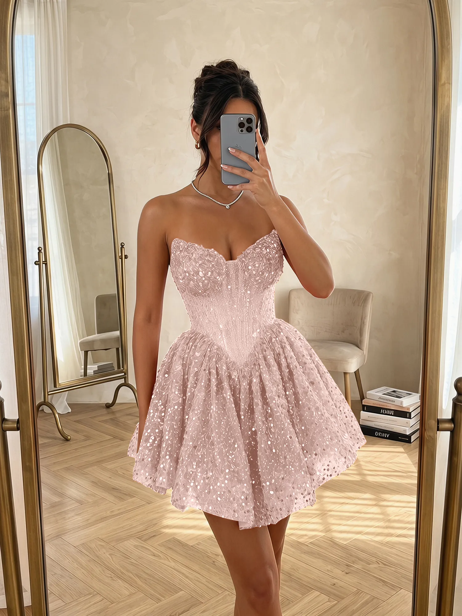 Sequin Strapless Sweetheart Mini Homecoming Dress with Ruffled Skirt