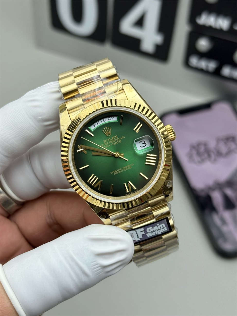 Rolex Day-Date 40 Green Replica (QF Factory) – 195g Heavy Tungsten Gold