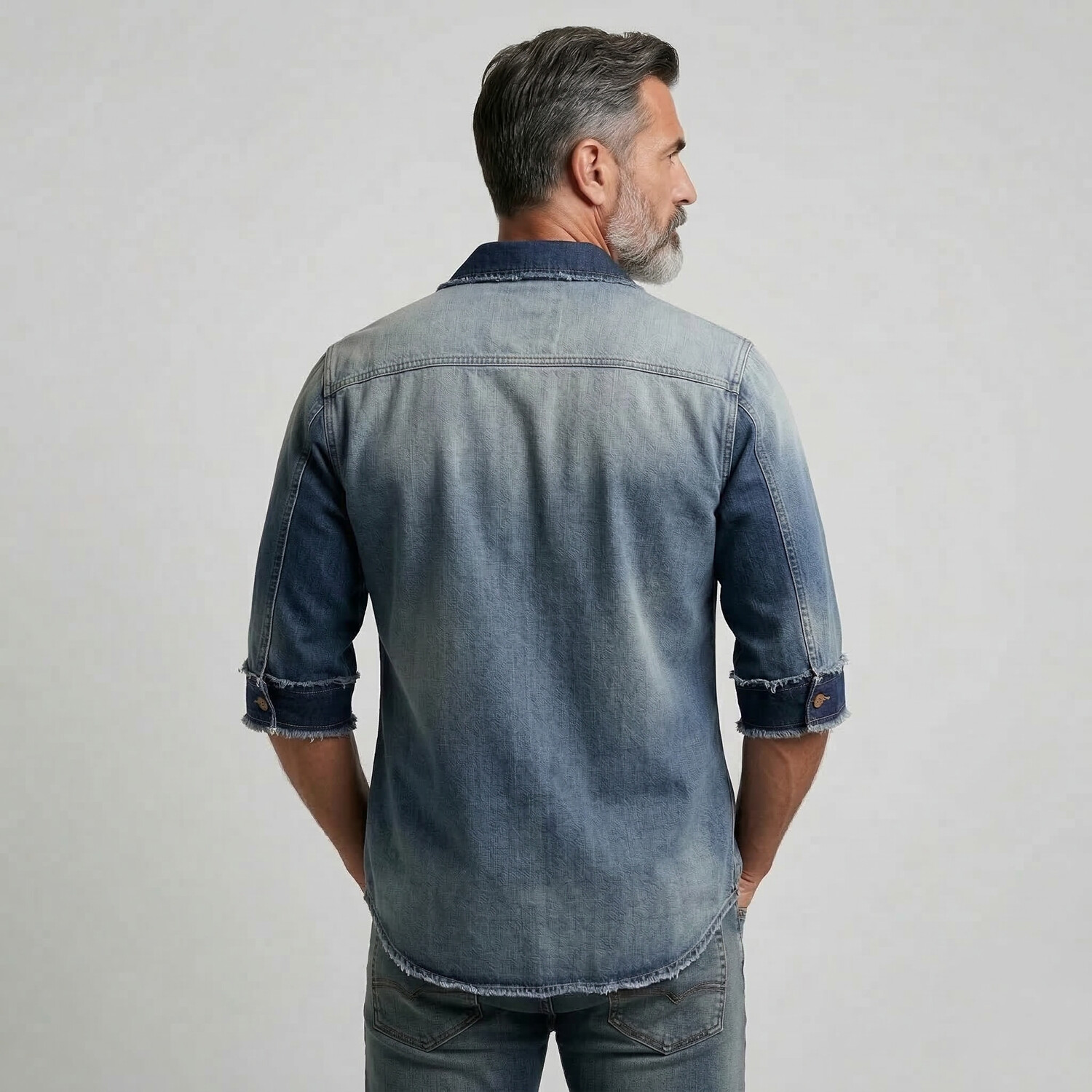 Men's Denim Blue Camp Collar Contrast Binding Raw Trim Washed Half Sleeve Shirt