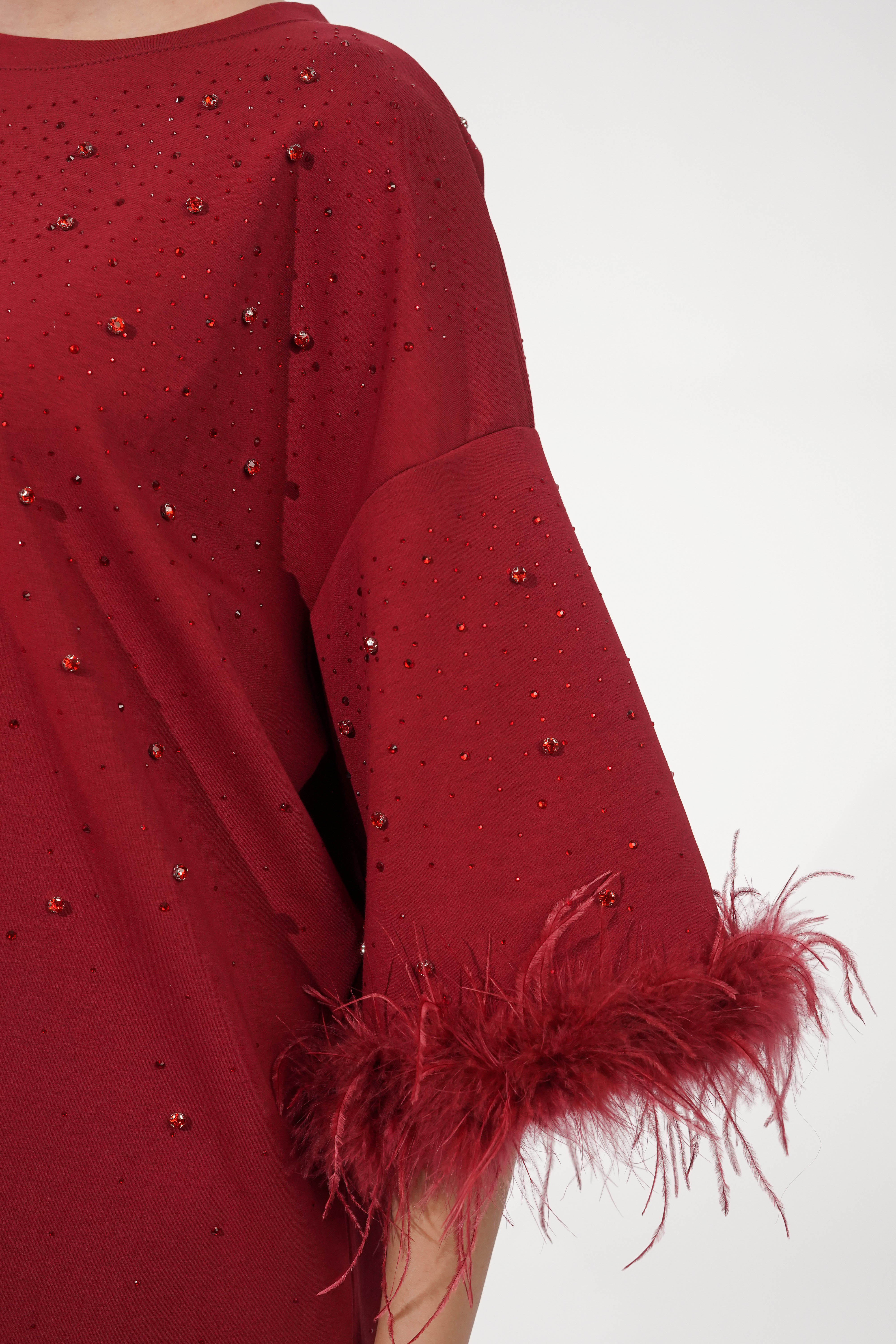 Amy Dark Red Feather Detail T-shirt