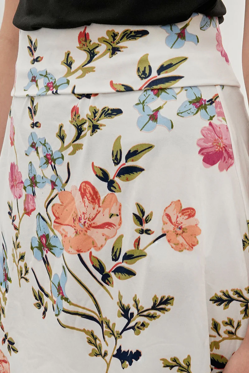 Floral Fold Over Midi Skirt - White