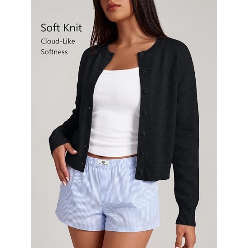 Women Cropped Knit Cardigan Long Sleeve Button Down Crew Neck Lightweight Fall Casual Knit Sweater Outerwear