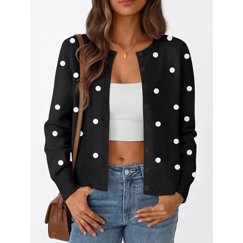 Women Lightweight Striped Knit Cardigan Crew Neck Button‑Down Long Sleeve Cropped Casual Knit Outerwear